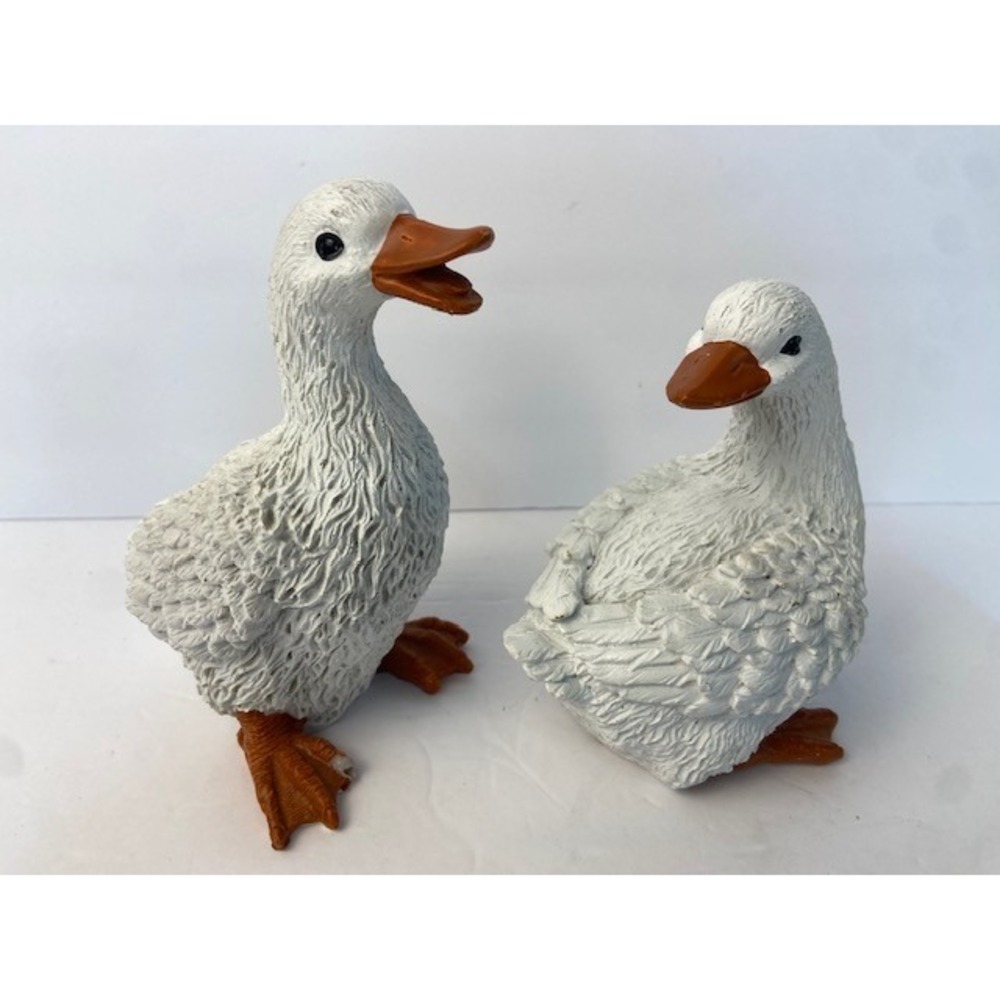 Vintage Style White Duck Figurines Set of 2 Farmhouse Decor Resin Statues